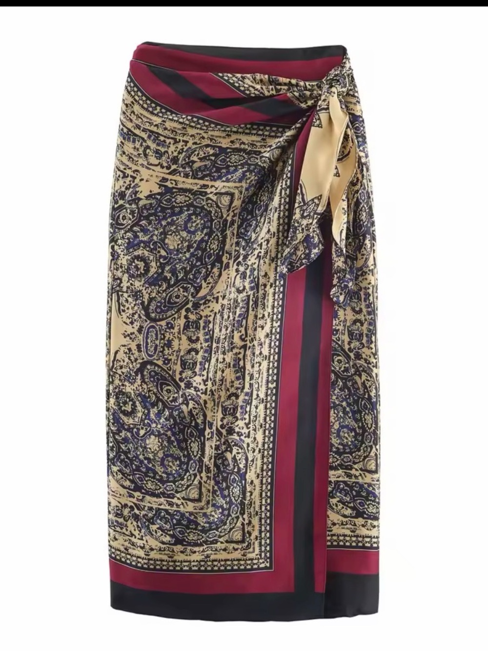 Zara Paisley Wrap Skirt in Burgundy, Cream and Navy